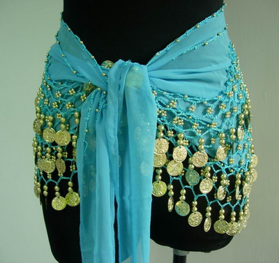 BL03 Belly Dance Costumes Hip Scarf Wrap w/Beads Coins Aqua Blue