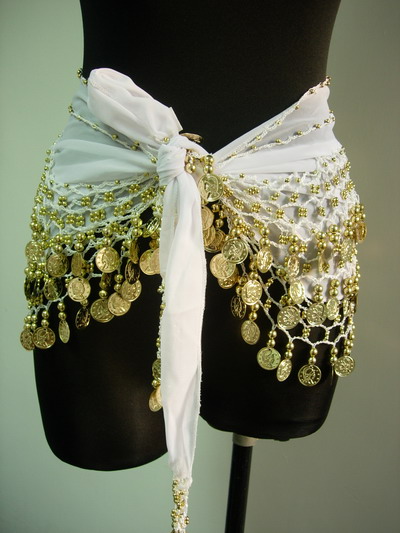 BL04 Belly Dance Costumes Hip Scarf Wrap w/Beads Coins White