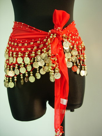 BL05 Belly Dance Costumes Hip Scarf Wrap w/Beads Coins Red