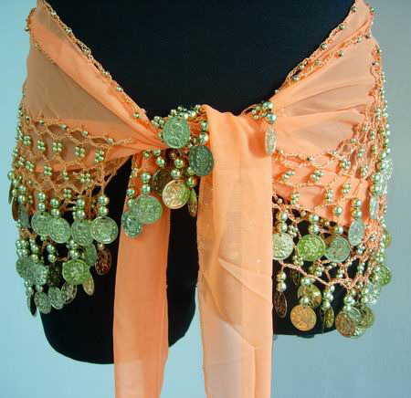 BL06 Belly Dance Costumes Hip Scarf Wrap w/Beads Coins Orange