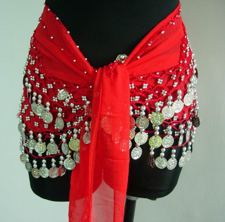 BL07 Belly Dance Costumes Hip Scarf Wrap w/Beads Coins Red Silve