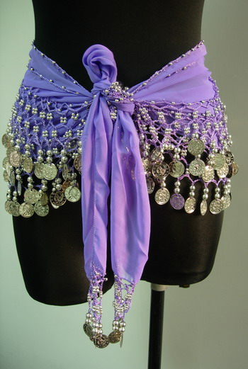 BL08 Belly Dance Costumes Hip Scarf Wrap w/Beads Coins Lavender