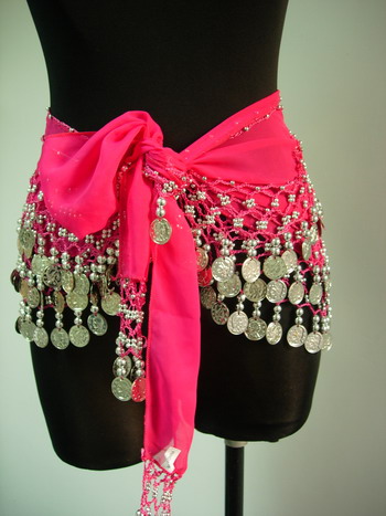 BL09 Belly Dance Costumes Hip Scarf Wrap w/Beads Coins Fuchsia