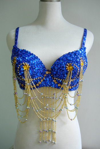 BL40 Belly Dance Sequined Beaded Fringed Bra Top Gems Blue