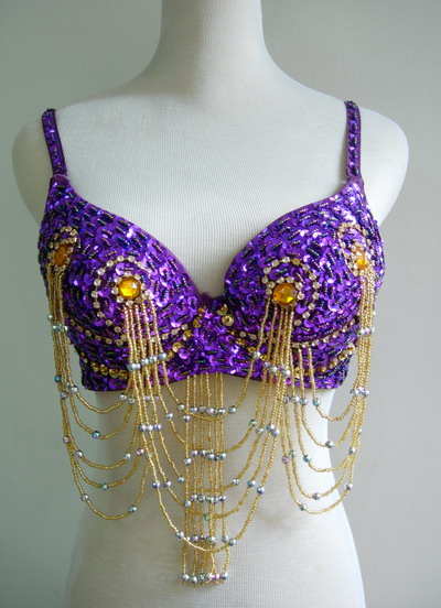 BL41 Belly Dance Sequined Beaded Fringed Bra Top Gems Purple - Click Image to Close