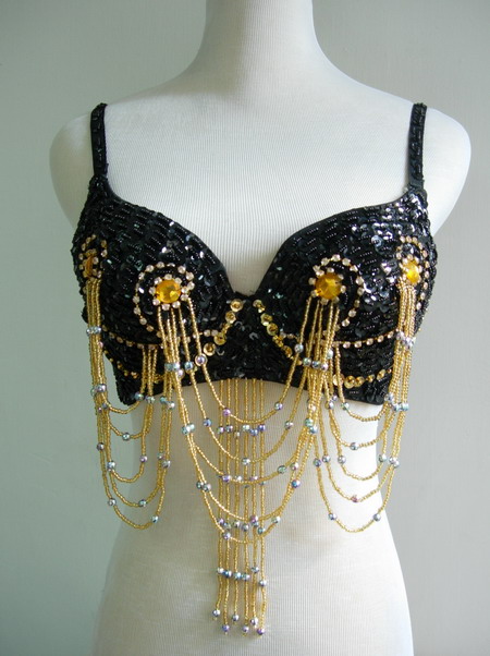 BL42 Belly Dance Sequined Beaded Fringed Bra Top Gems Black - Click Image to Close