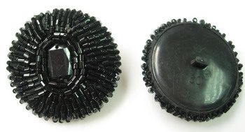 BT02 Black Dome Bugle Beaded Button with Stone