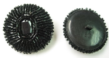 BT02 Black Dome Bugle Beaded Button with Stone - Click Image to Close