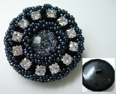 BT21 Big Beaded Dome Button with Glass Diamonds Platinum Black - Click Image to Close