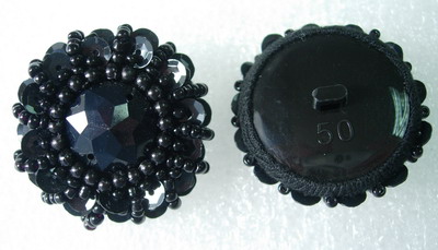 BT38 Sequined Beaded Gem Dome Button Black