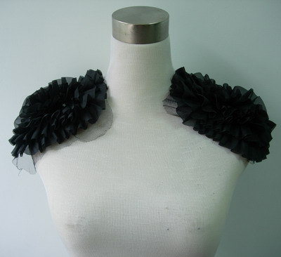 FN131 Chiffon Ruffle Flower Applique Motif Black ~Epaulette~ 2pc