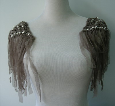 FN177 Tulle Braided Fringed Ball Beaded Epaulette Motif Brown x2