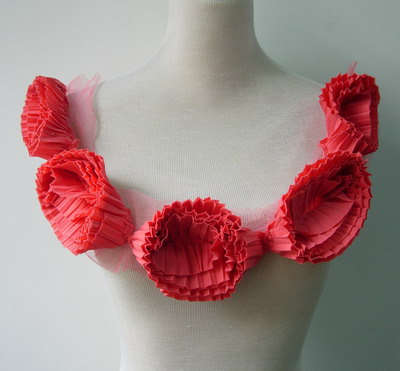 FN200 Pleating Flowers Collar Neck Chifon Tulle Applique Coral