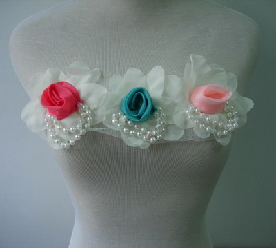 FN212 Shabby Rosette Flower Rose Pearl Chiffon Applique Motif