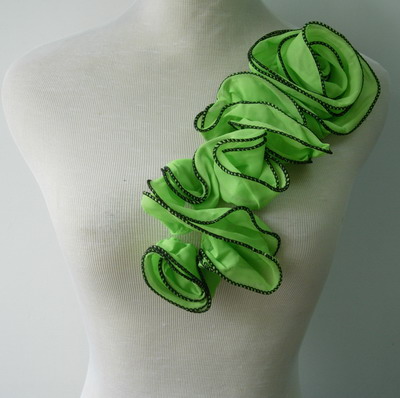 FN214 Lime & Black Chiffon Ruffled Cabbage Rose Applique Motif