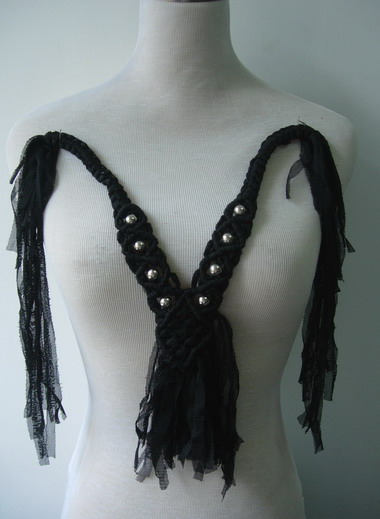 FN223 Trendy Tulle Braided Beaded Fringe Applique Motif Black - Click Image to Close