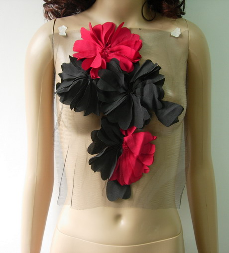 FN228 Shabby Frayed Floral Chifon Tulle Applique Red Black