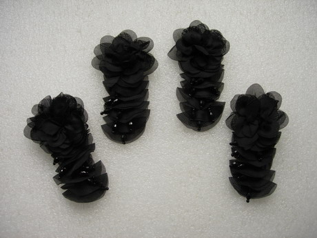 FN230 Frayed Shabby Chiffon Tassel Beaded Applique Black 4pcs