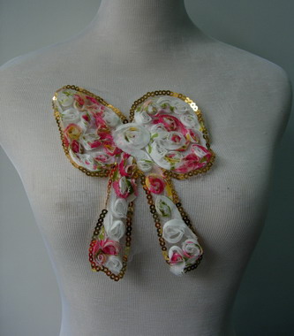 FN46 BOW Floral Printed Shabby Rosette Chiffon Sequined Applique - Click Image to Close