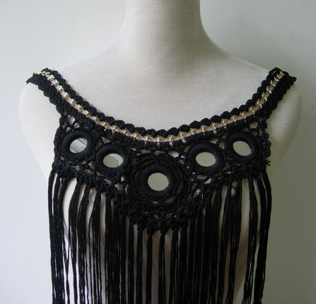 CR120 Hand Crochet Fringed Mirrored Front Neck Bodice Applique