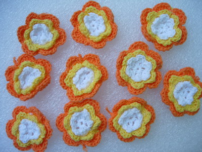 CR13-5 Crochet Flower Applique Motif 3 Layers Orange 10pcs