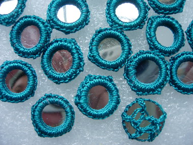 CR26-19 Gypsy Boho Ethnic Crochet Mirror Applique Teal x30 - Click Image to Close