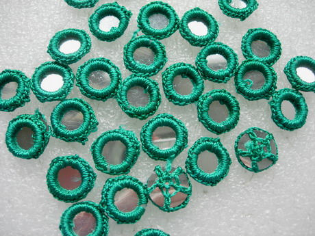 CR26-5 Gypsy Ethnic Shisha Mirrors Crochet Applique Green x30 - Click Image to Close