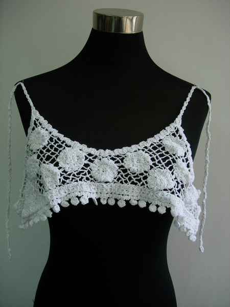 CF03 Cotton Crochet Flowers Top Bra Set Bikini White Applique - Click Image to Close