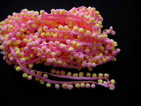 FR124 25mm Wide Pom Pom Fringe Tassel Braided Trim Pink Yello 5y FR124 25mm Wide Pom Pom Fringe Tassel Braided Trim Pink Yello 5y