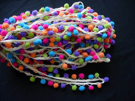 FR127 30mm Wide Fringed Pom Pom Braided Trim Multiclolr 5y