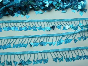 FR59 Triangle Paillette Bead Fringe Hologram Aqua Blue 1yard