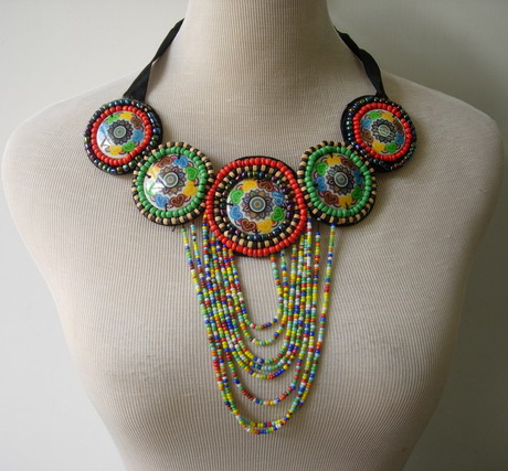 JW22 Ethnic Style Embroidered Bead Gems Collar Necklace Motif