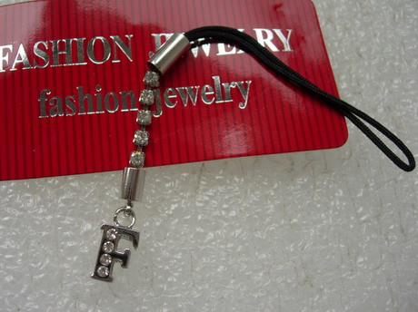 JW30 Silver Tone Rhinestone Alphabet LETTER F Cell Phone Strap - Click Image to Close