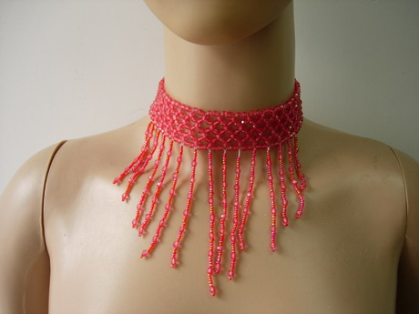 JW70 Red Fringed Beaded Woven Choker Stretch Elastic Necklace - Click Image to Close