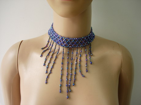 JW72 Blue Iris Fringed Beaded Woven Choker Stretch Necklace