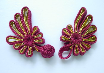 FG225-2 Chinese Frog Closure Buttons Fan Knots Maroon Gold 5pr - Click Image to Close