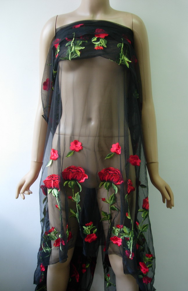 LE23 58" Red Rose Flower Embroidered Black Tulle Fabric 1y - Click Image to Close