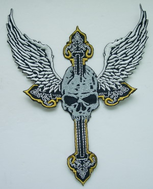 PC108 Flame Winged Skull Cross Biker Embroidery Patch Iron On