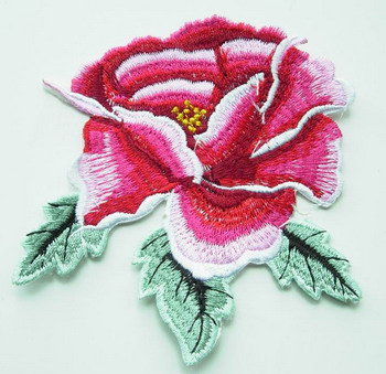 PT25 Iron On Patch Applique Embroidery Red Peony Flower