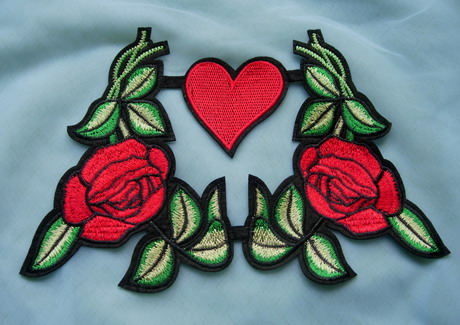 PT196 Red Mirror Rose & Heart Embroidered Patch Iron On Dress