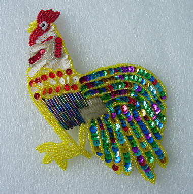 AN45 Sequin Bead Bugle Applique Multicolor Rooster Turkey Cock