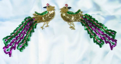 AN04 Sequin Bead Applique Peakcock Pair
