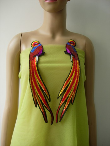 AN102 Red Long Tail Bird Paired Sequined Applique Trendy/Chic