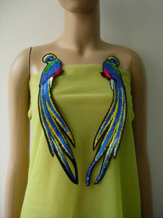 AN104 Blue Long Tail Bird Paired Sequined Applique Trendy/Chic