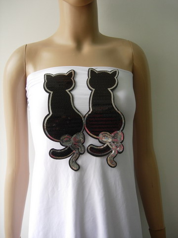 AN107 Black Twin Cat Cats Sequin Applique Patch Iron On Fashion - Click Image to Close