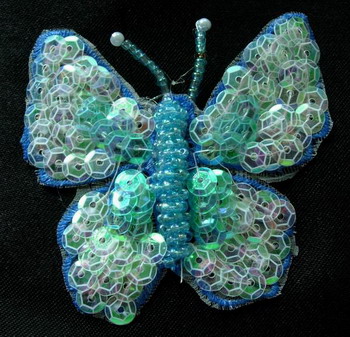 AN12 Sequin Bead Applique Butterfly 2 tone Aqua 2pcs