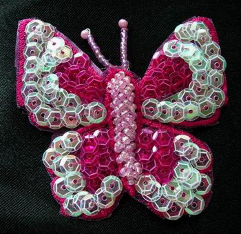 AN13 Sequin Bead Applique Butterfly 2 tone Fuchsia 2pcs