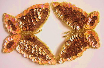 AN27 Sequin Bead Applique Butterfly Motif 2 tone Brown 2pcs