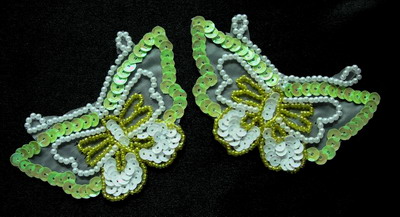 AN36 Sequin Bead Applique Pear Bead Butterfly Motif Green 2pcs