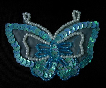 AN37-3 Sequin Bead Applique Pear Bead Butterfly Motif Blue x2